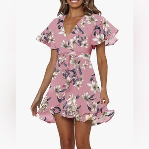 Floral Pink Tie Around Ruffle Sleeve Dress